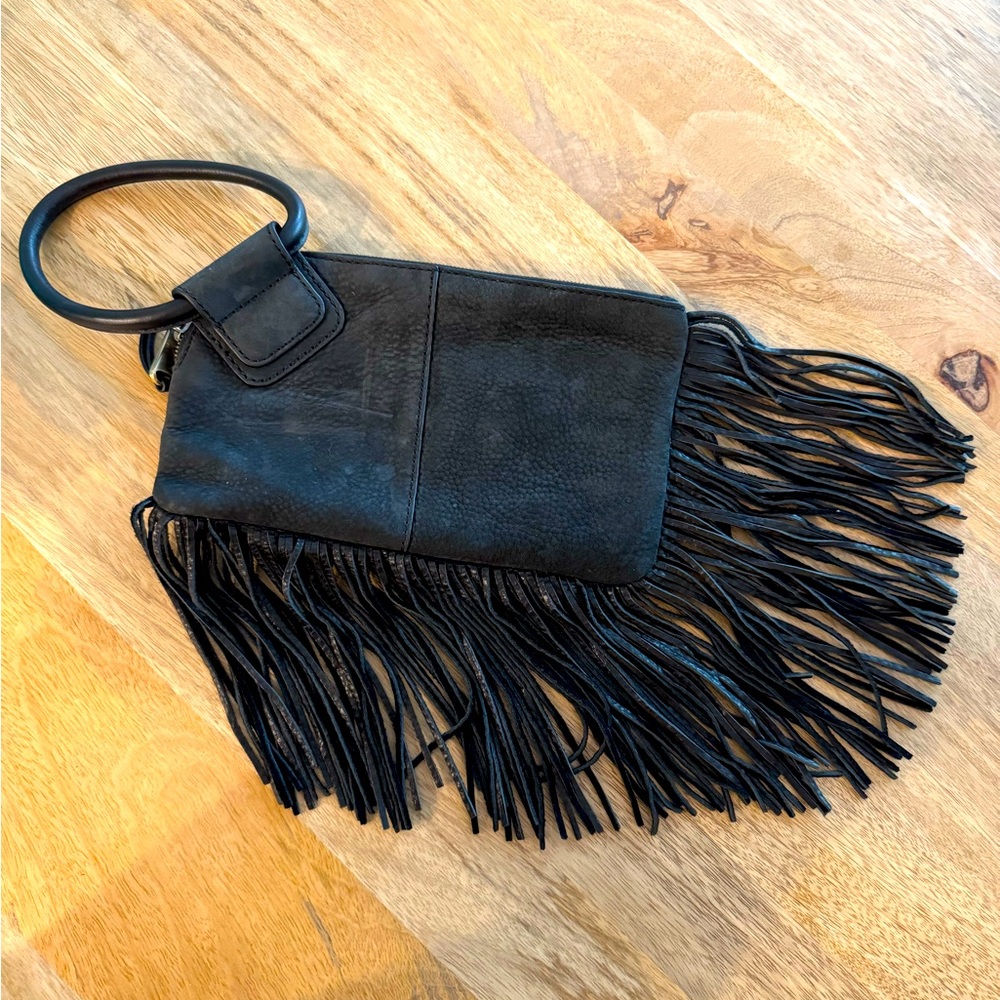 Black Leather Fringe HOBO Wristlet